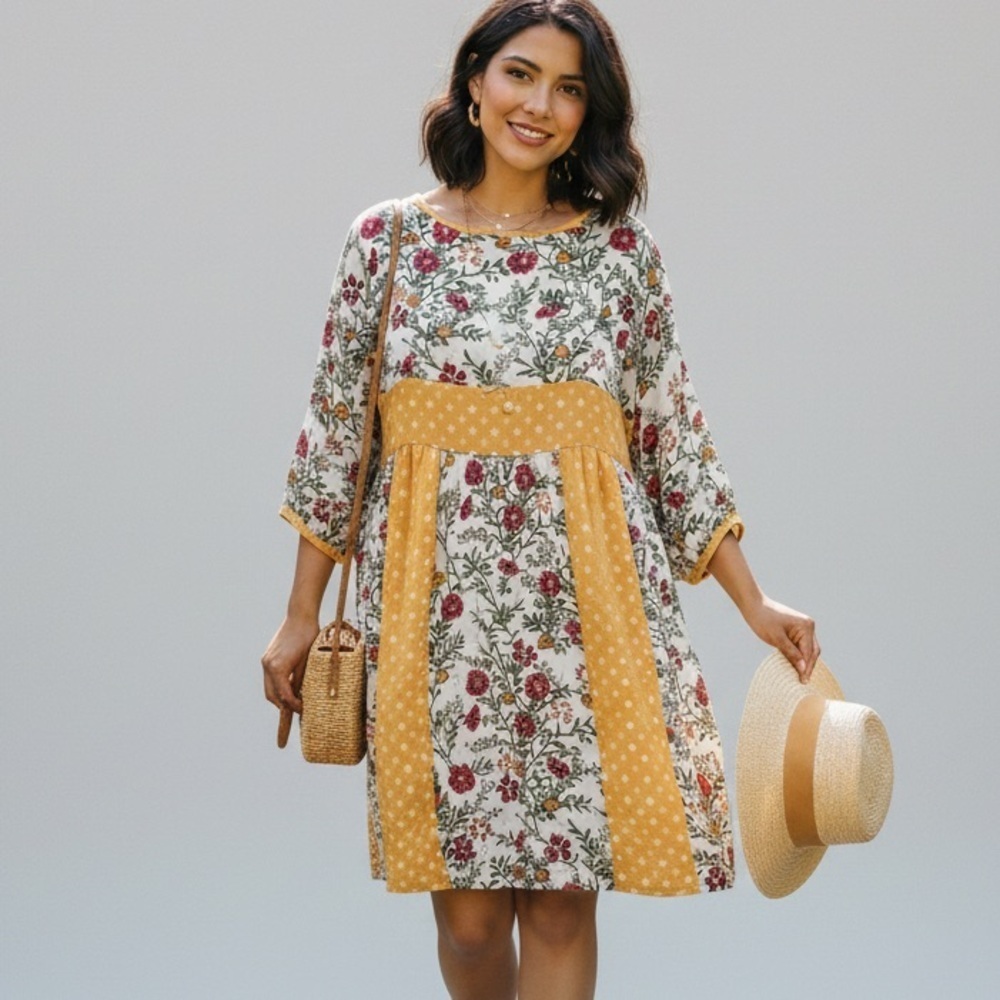 Flamingo Urban Floral Mixed Media Dress Mustard Yellow Boho Cottagecore XL